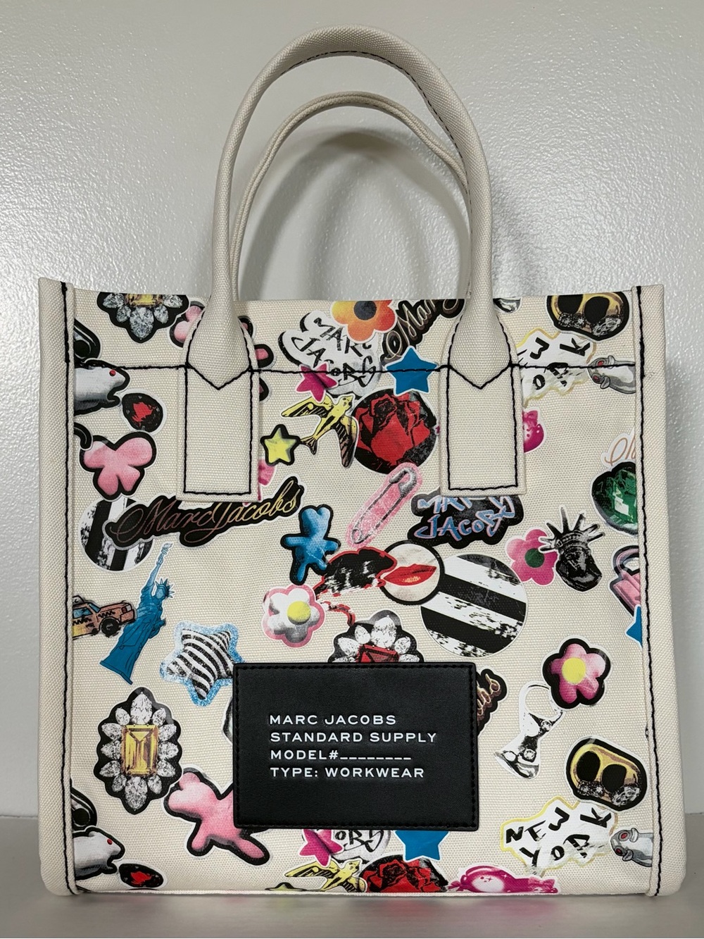 New Marc Jacobs Cotton Canvas Graphic Sticker-Print Medium Tote White Multi